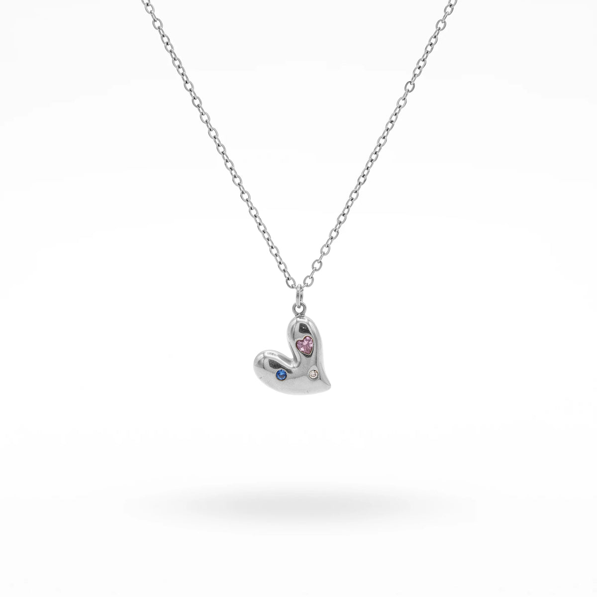 QIAOREN 13955-56 Stainless Steel Colorful Heart Pendant Necklace Gold Minimalist Cubic Zirconia Charm Jewelry for Women