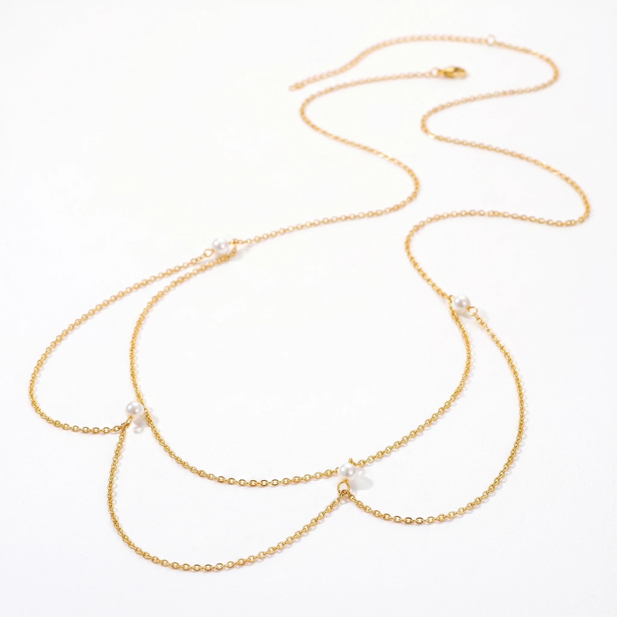 QIAOREN 13044 Dainty Pearl Layered Body Chain Stainless Steel Gold Bikini Waist Chain Summer Beach Belly Swim Jewelry