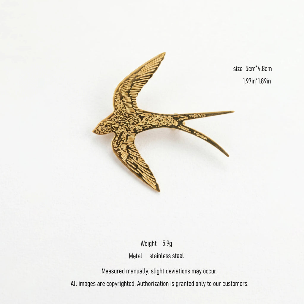 Qiaoren 10897 Stainless Steel Gold Plated Engraved Swallow Brooch Hypoallergenic No Fade Bird Lapel Pin Unisex Fashion Jewelry