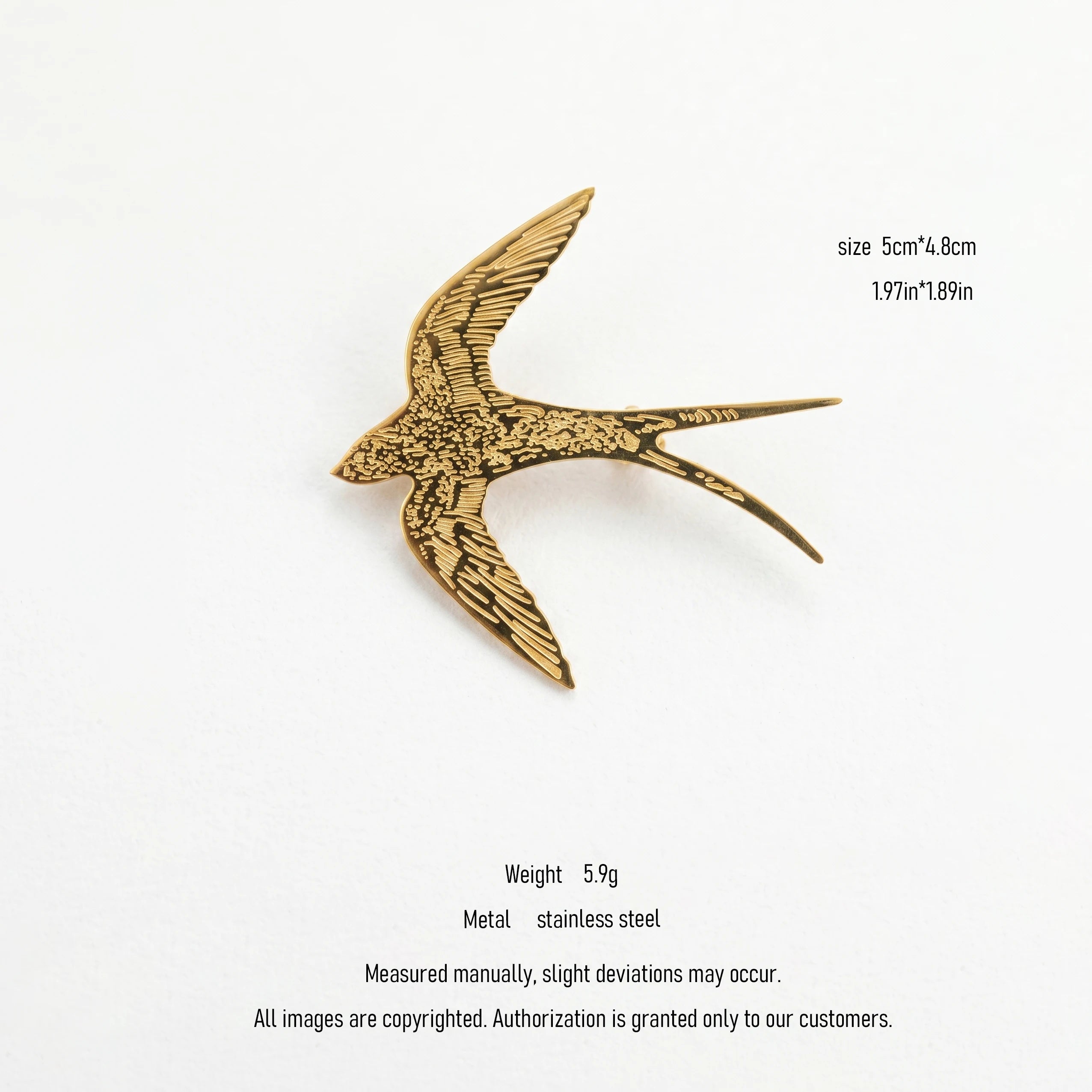 Qiaoren 10897 Stainless Steel Gold Plated Engraved Swallow Brooch Hypoallergenic No Fade Bird Lapel Pin Unisex Fashion Jewelry