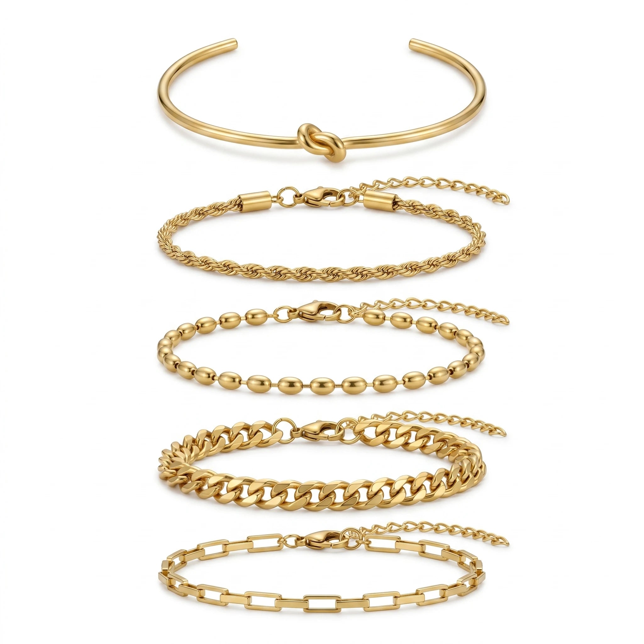 QIAOREN 11587 Waterproof 18K Gold Stainless Steel Bracelet Set 5PCS Stackable Daily Wear Bracelets for Women