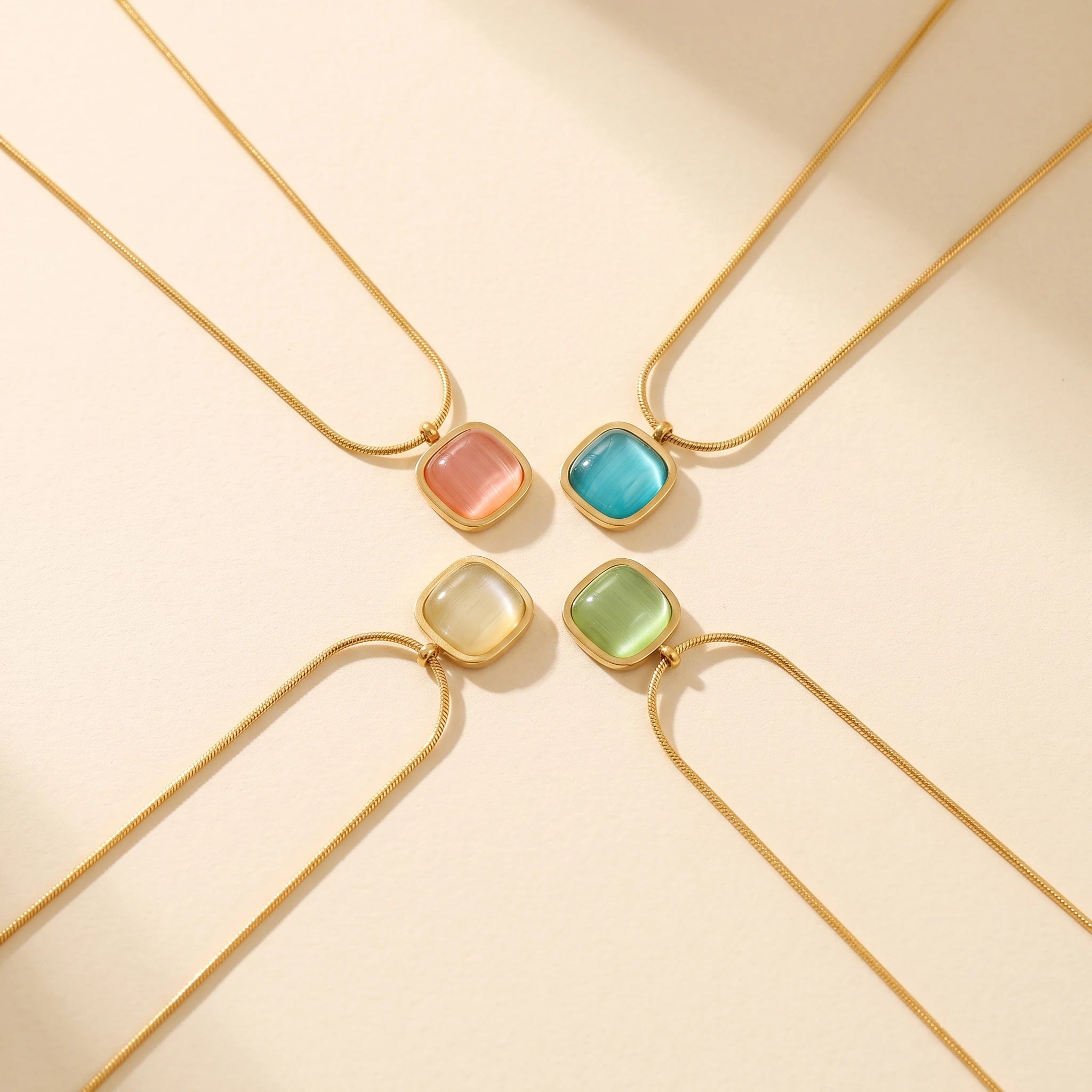 QIAOREN 13754-57  Multi Color Thin Snake Chain Pendant Necklaces with Rounded Square Cat Eye Stone Charms