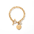 QIAOREN 13369 Gold Plated Stainless Steel Heart Charm Toggle Clasp Cuban Link Bracelet Statement Jewelry for Women