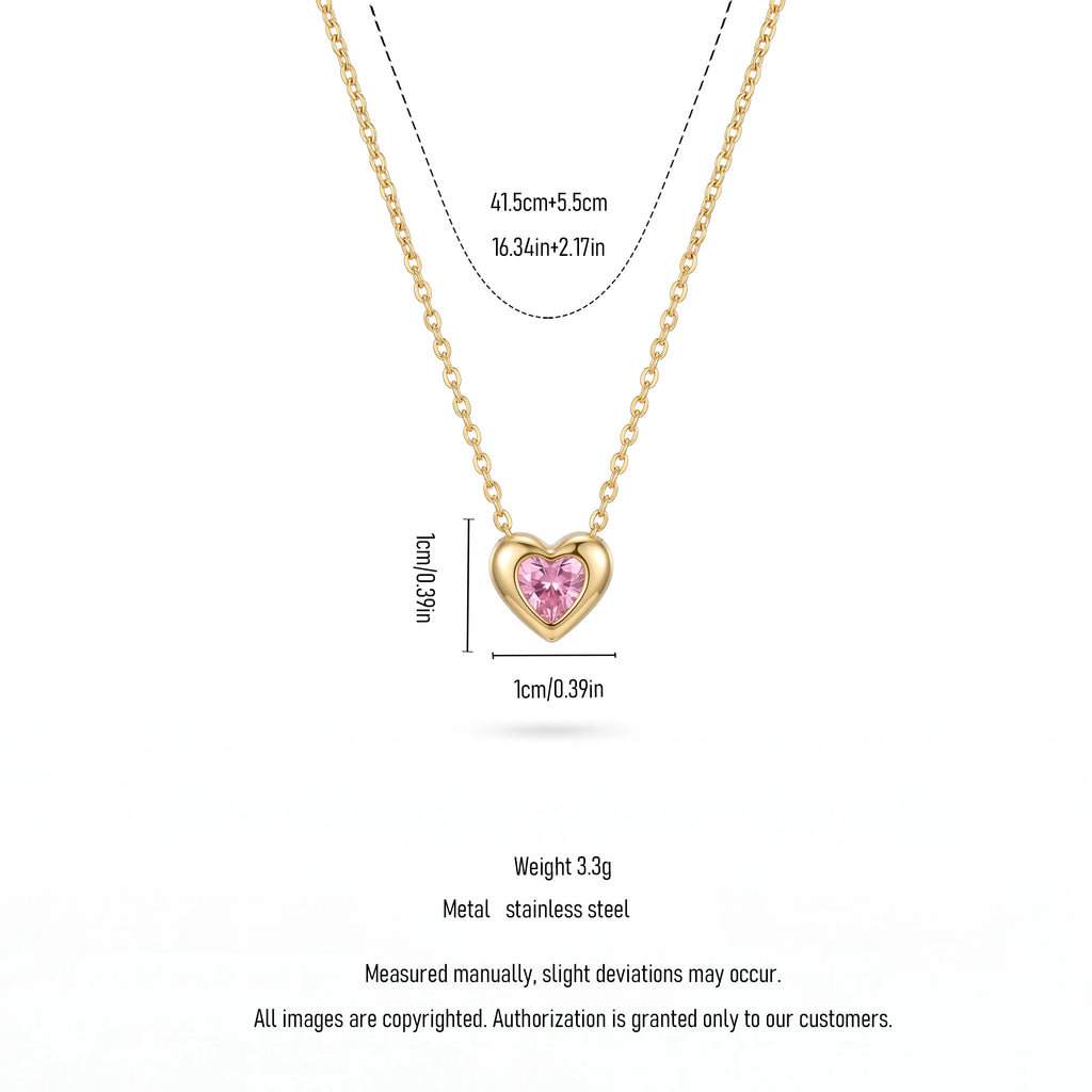 QIAOREN13960-61 Stainless Steel Pink Heart Necklace Gold Dainty Crystal Pendant Charm Jewelry for Women