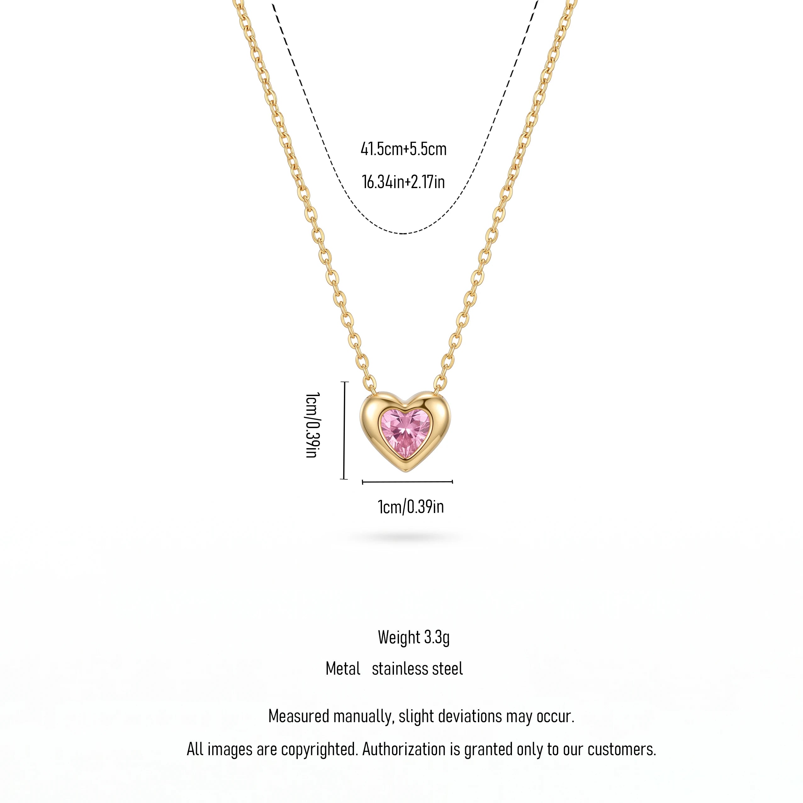 QIAOREN13960-61 Stainless Steel Pink Heart Necklace Gold Dainty Crystal Pendant Charm Jewelry for Women