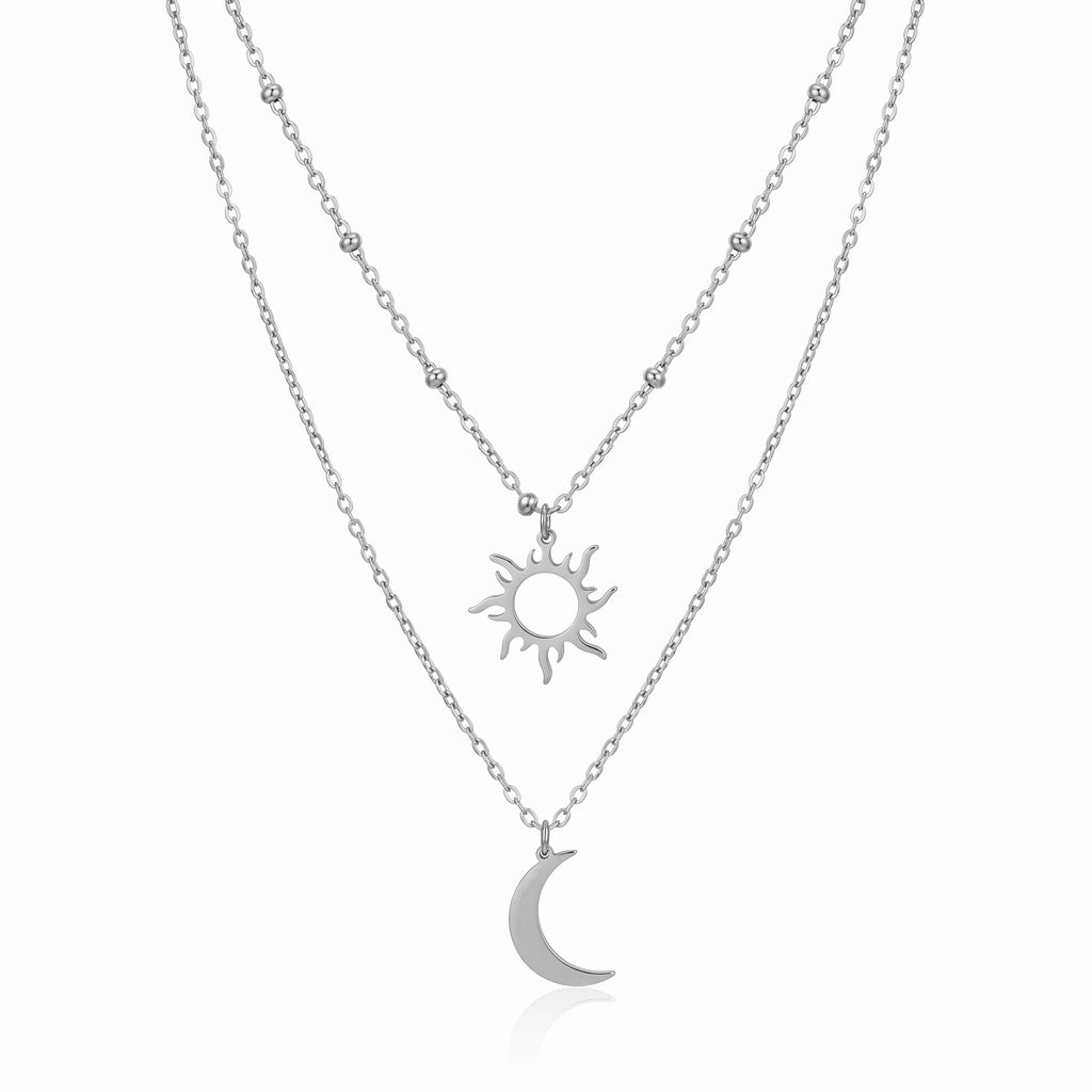 QIAOREN 10649 Boho Style Sun Crescent Moon Layered Link Chain Necklace 18K Gold Plated Stainless Steel Nickel-Free Jewelry