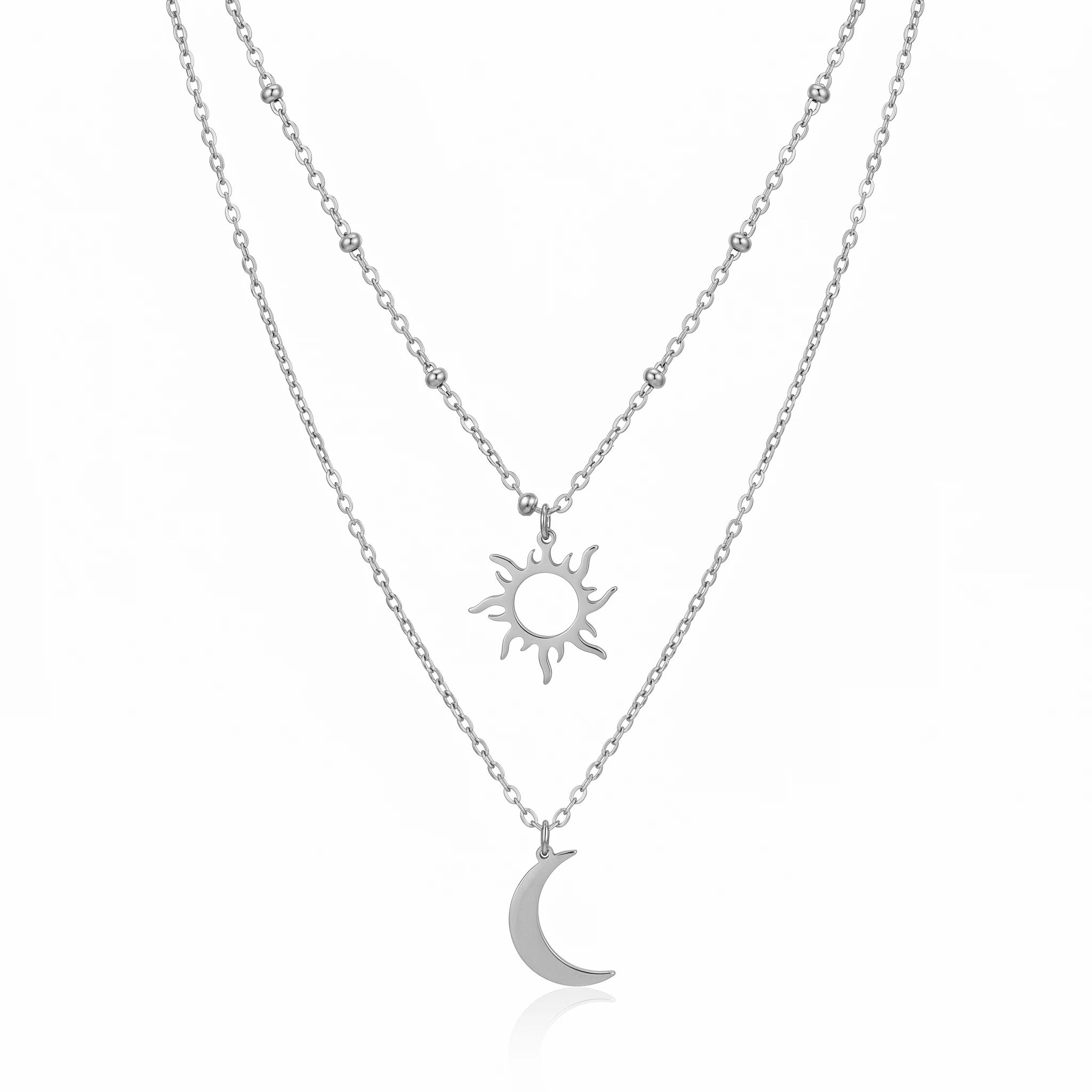 QIAOREN 10649 Boho Style Sun Crescent Moon Layered Link Chain Necklace 18K Gold Plated Stainless Steel Nickel-Free Jewelry