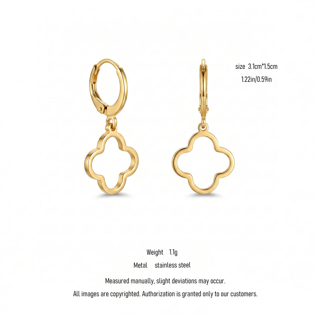 QIAOREN 10849 Waterproof Stainless Steel Clover Huggie Earrings, Gold Plated Hypoallergenic Floral Statement Jewelry