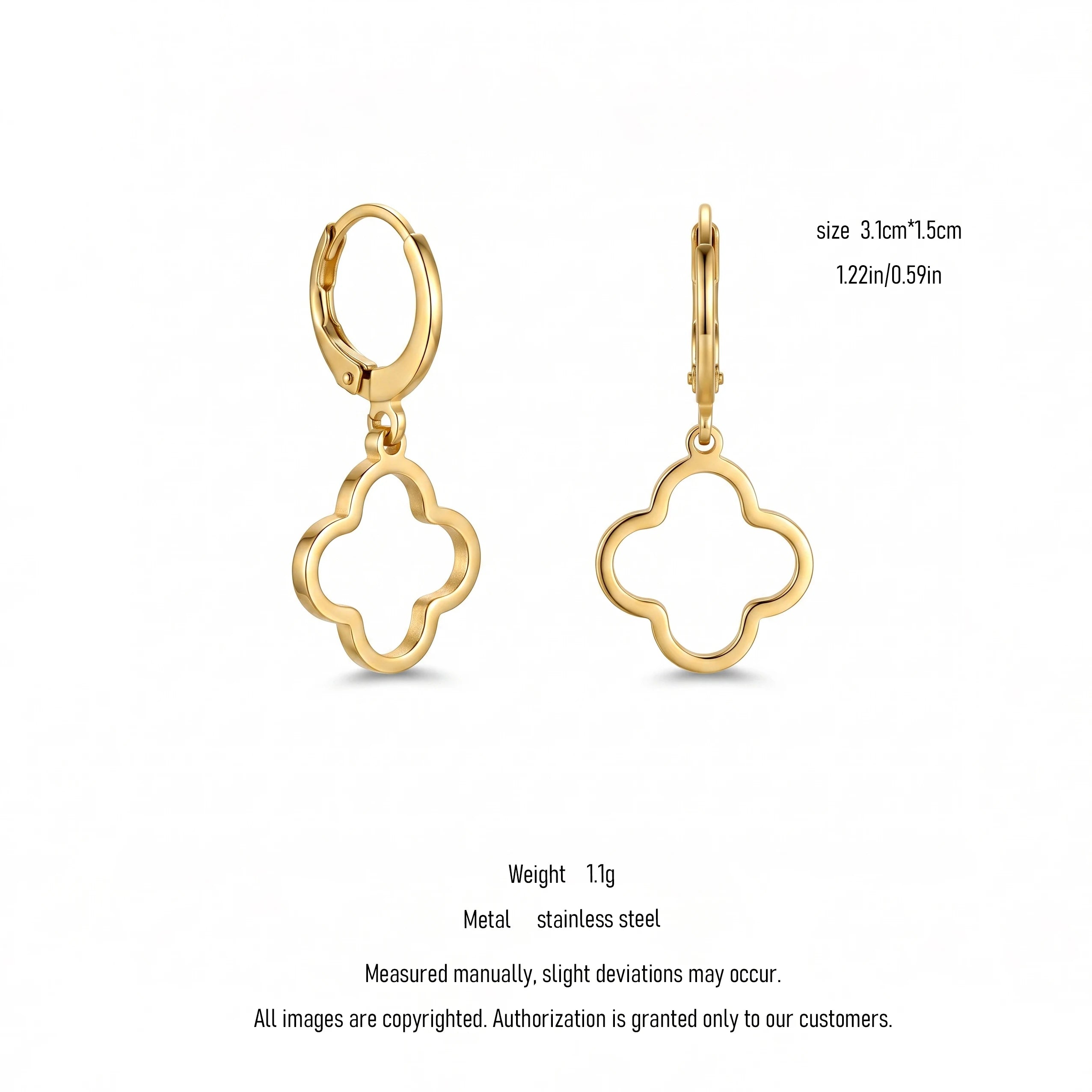 QIAOREN 10849 Waterproof Stainless Steel Clover Huggie Earrings, Gold Plated Hypoallergenic Floral Statement Jewelry