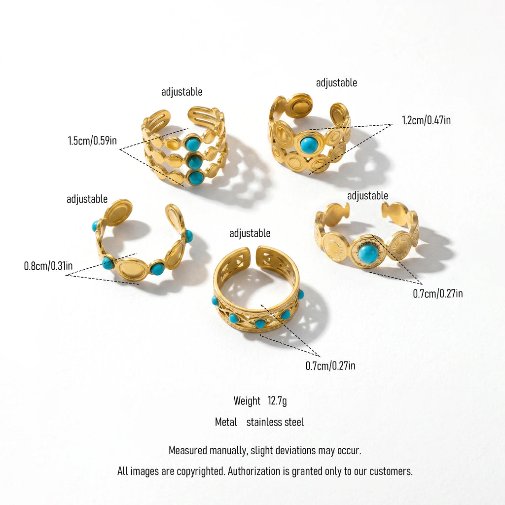 QIAOREN 13181-85 5Pcs Gold Stainless Steel Turquoise Open Ring Set Irregular Hammered Crown Adjustable Boho Stackable Rings