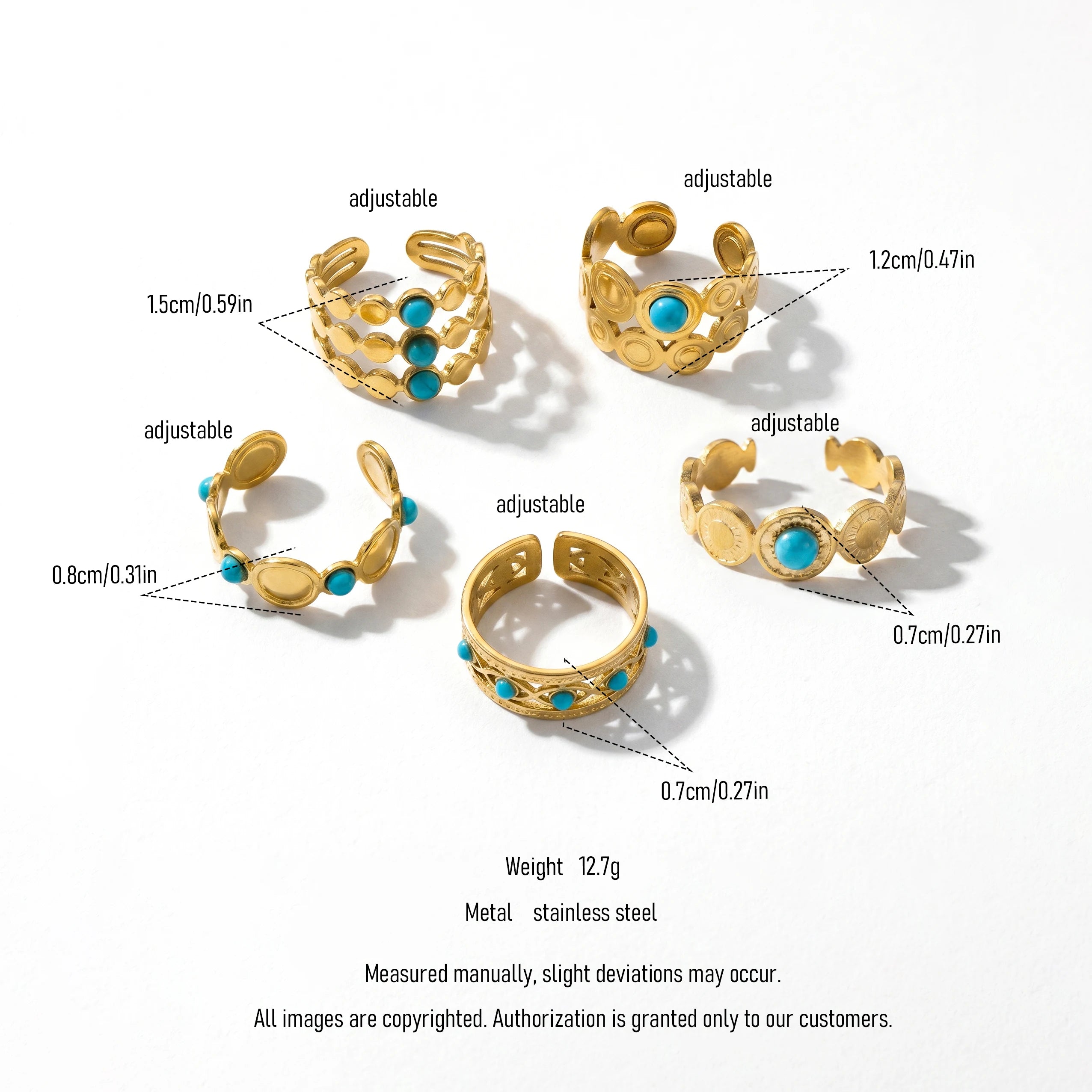 QIAOREN 13181-85 5Pcs Gold Stainless Steel Turquoise Open Ring Set Irregular Hammered Crown Adjustable Boho Stackable Rings