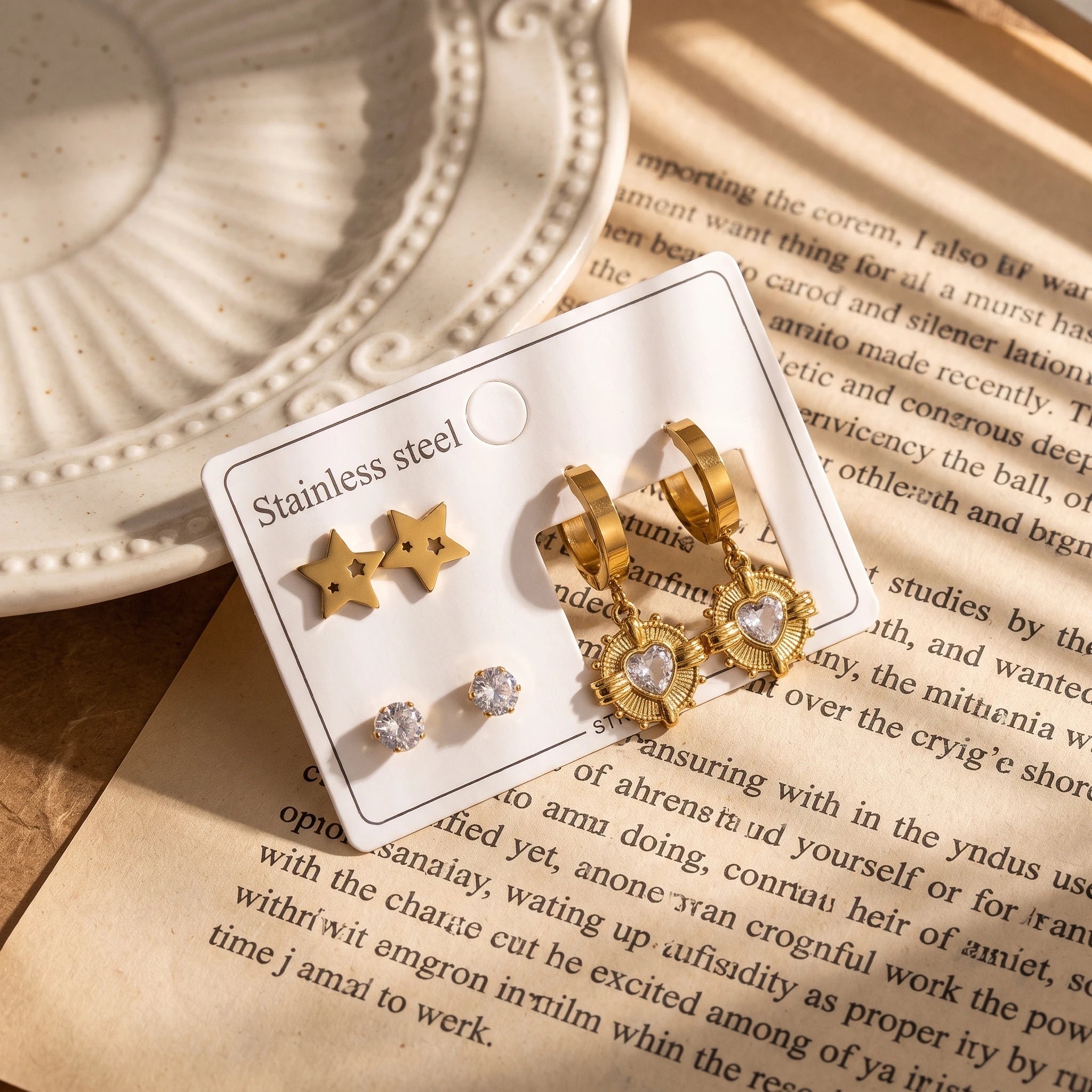 QIAOREN 14522  Waterproof Stainless Steel Earrings Set Star Heart Hoop Stud Earrings CZ Crystal Hypoallergenic Jewelry Women