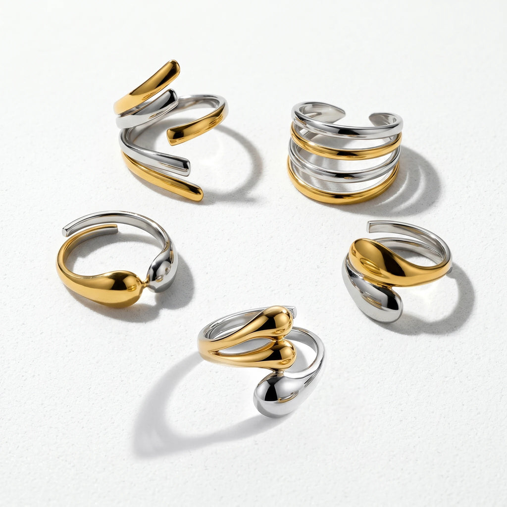 QIAOREN 12998-01 Gold Silver Plated Adjustable Open Stack Ring Set for Women Minimalist Geometric Statement Rings