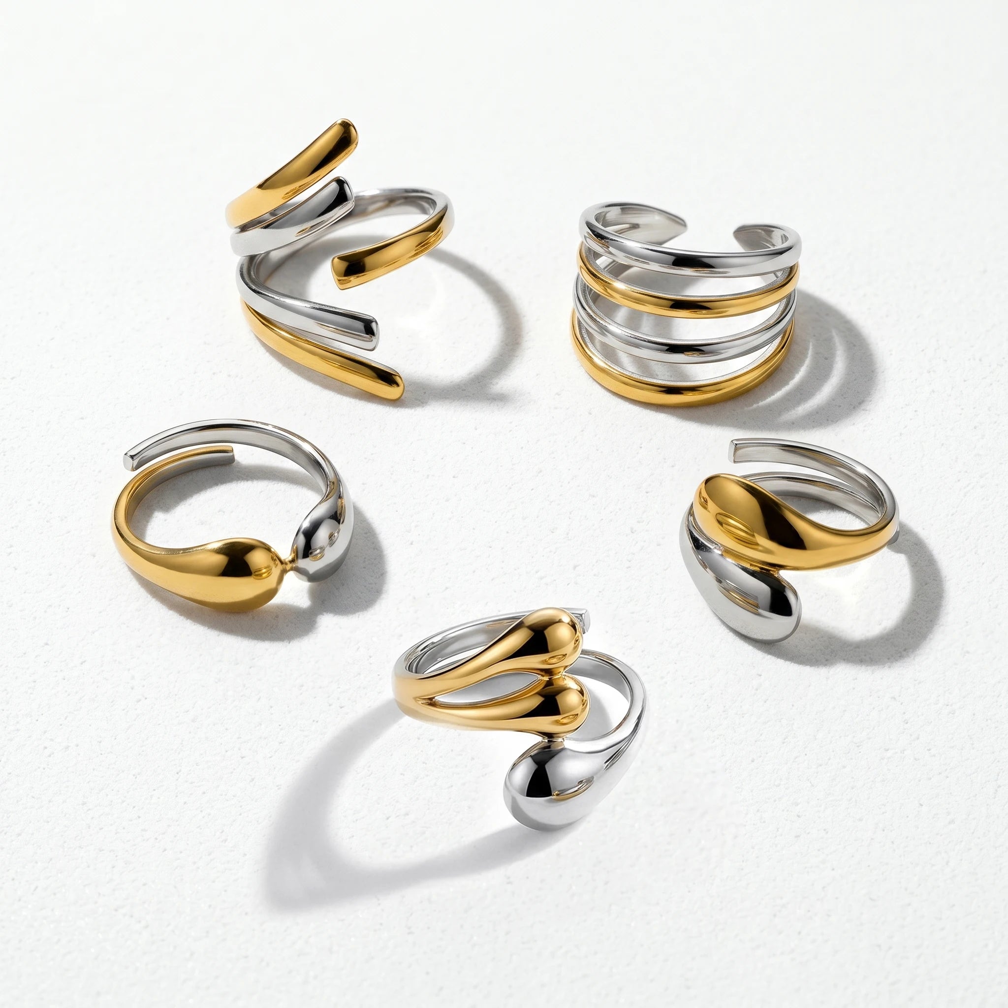 QIAOREN 12998-01 Gold Silver Plated Adjustable Open Stack Ring Set for Women Minimalist Geometric Statement Rings
