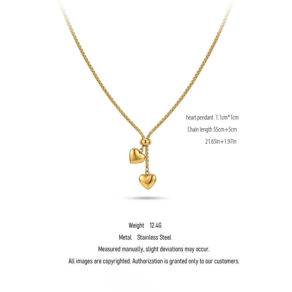 QIAOREN 10608 Trendy Double Heart Pendant Necklace 18K Gold Plated Stainless Steel Waterproof Tarnish Free Party Jewelry
