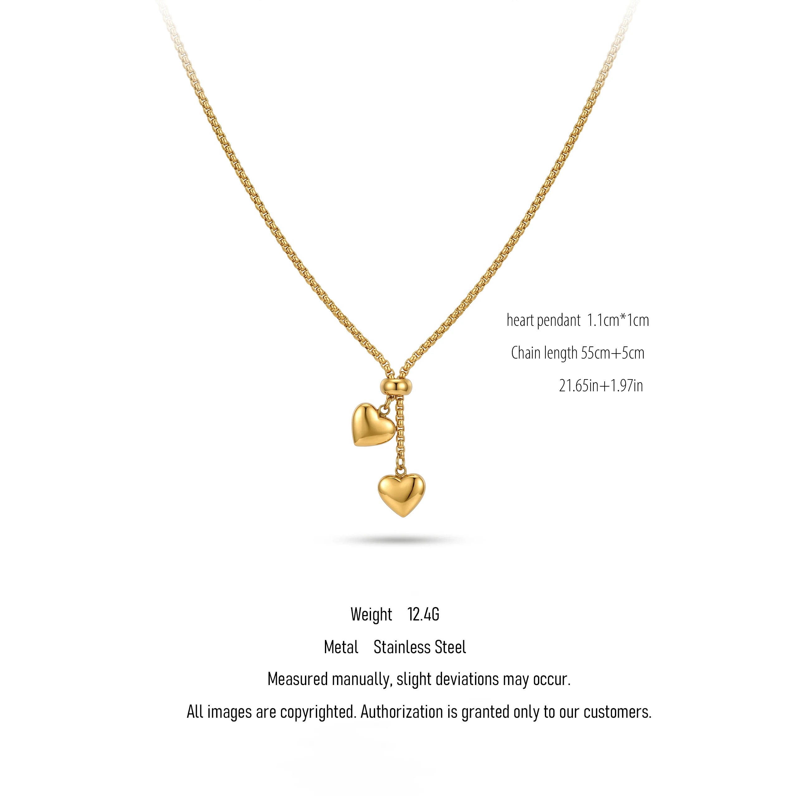 QIAOREN 10608 Trendy Double Heart Pendant Necklace 18K Gold Plated Stainless Steel Waterproof Tarnish Free Party Jewelry