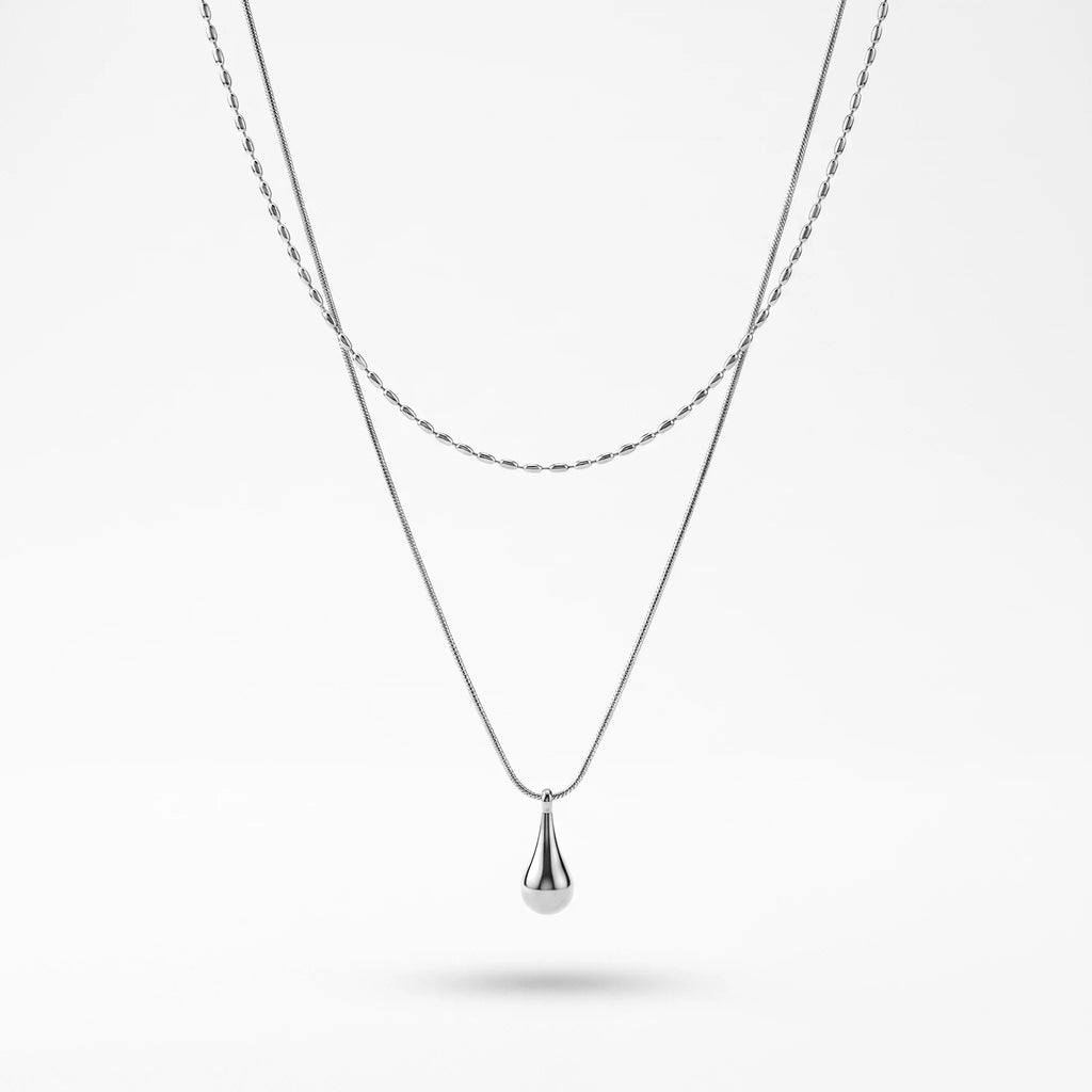QIAOREN 13532 Double Layer Droplet Pendant Stack Necklace with Rice Bead & Thin Snake Chain, Smooth Teardrop Gold Charm