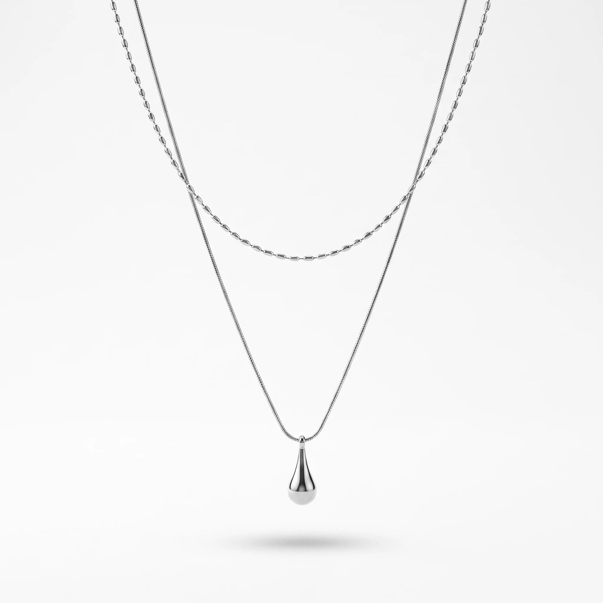 QIAOREN 13532 Double Layer Droplet Pendant Stack Necklace with Rice Bead & Thin Snake Chain, Smooth Teardrop Gold Charm