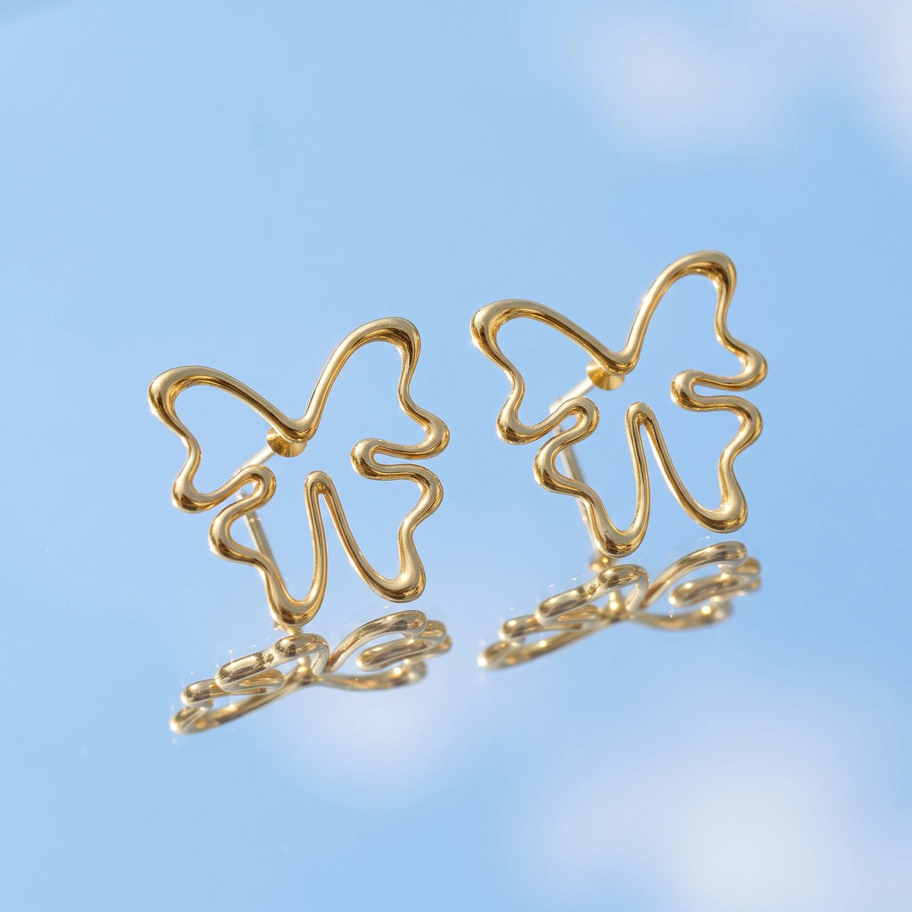 QIAOREN 14067 Abstract Hollow Butterfly Stud Earrings, Wavy Outline Open Butterfly Ear Stud Jewelry Gift for Daily Fashion