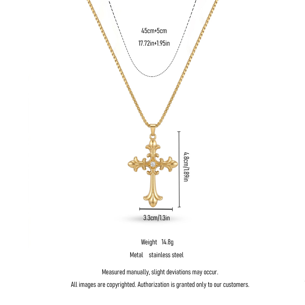 QIAOREN 13157 Gold Plated Vintage Cross Pendant Necklace Stainless Steel Gothic Christian CZ Necklace for Women Men