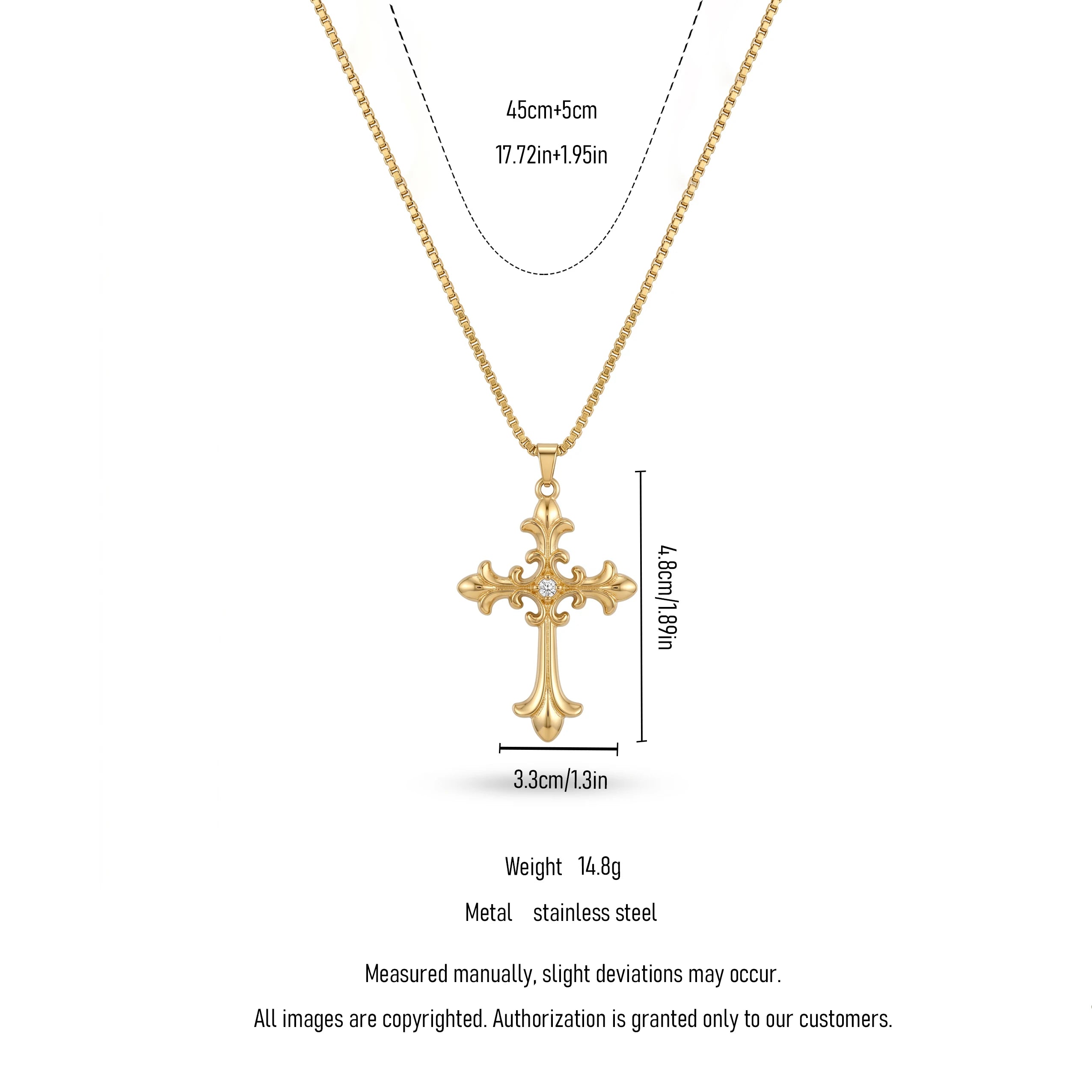 QIAOREN 13157 Gold Plated Vintage Cross Pendant Necklace Stainless Steel Gothic Christian CZ Necklace for Women Men