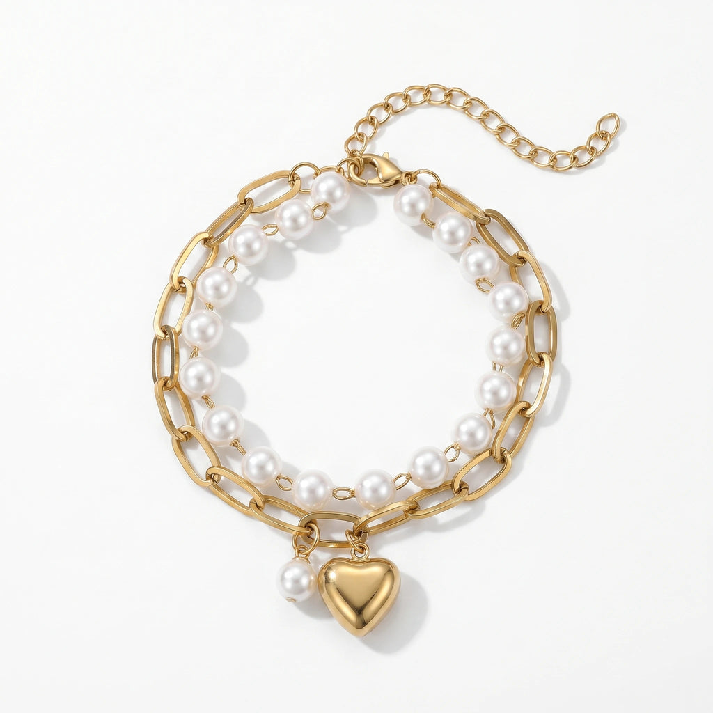 QIAOREN 11422 Waterproof 18K Gold Plated Pearl & Heart Bracelet Stainless Steel Summer Pool Beach Jewelry