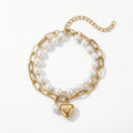 QIAOREN 11422 Waterproof 18K Gold Plated Pearl & Heart Bracelet Stainless Steel Summer Pool Beach Jewelry