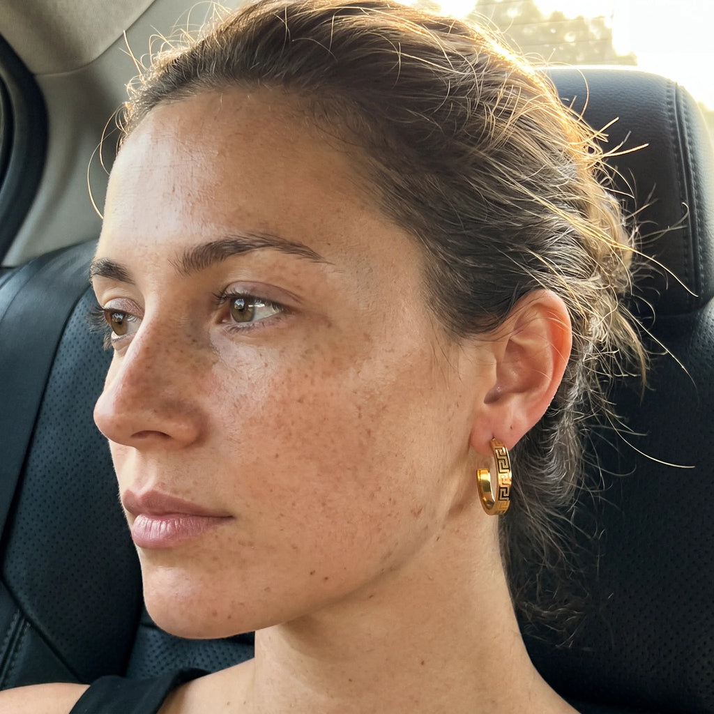 QIAOREN 14597 Geometric Gold Stainless Steel Hoop Earrings Huggie Earrings Greek Pattern Design Waterproof Anti Allergy Jewelry
