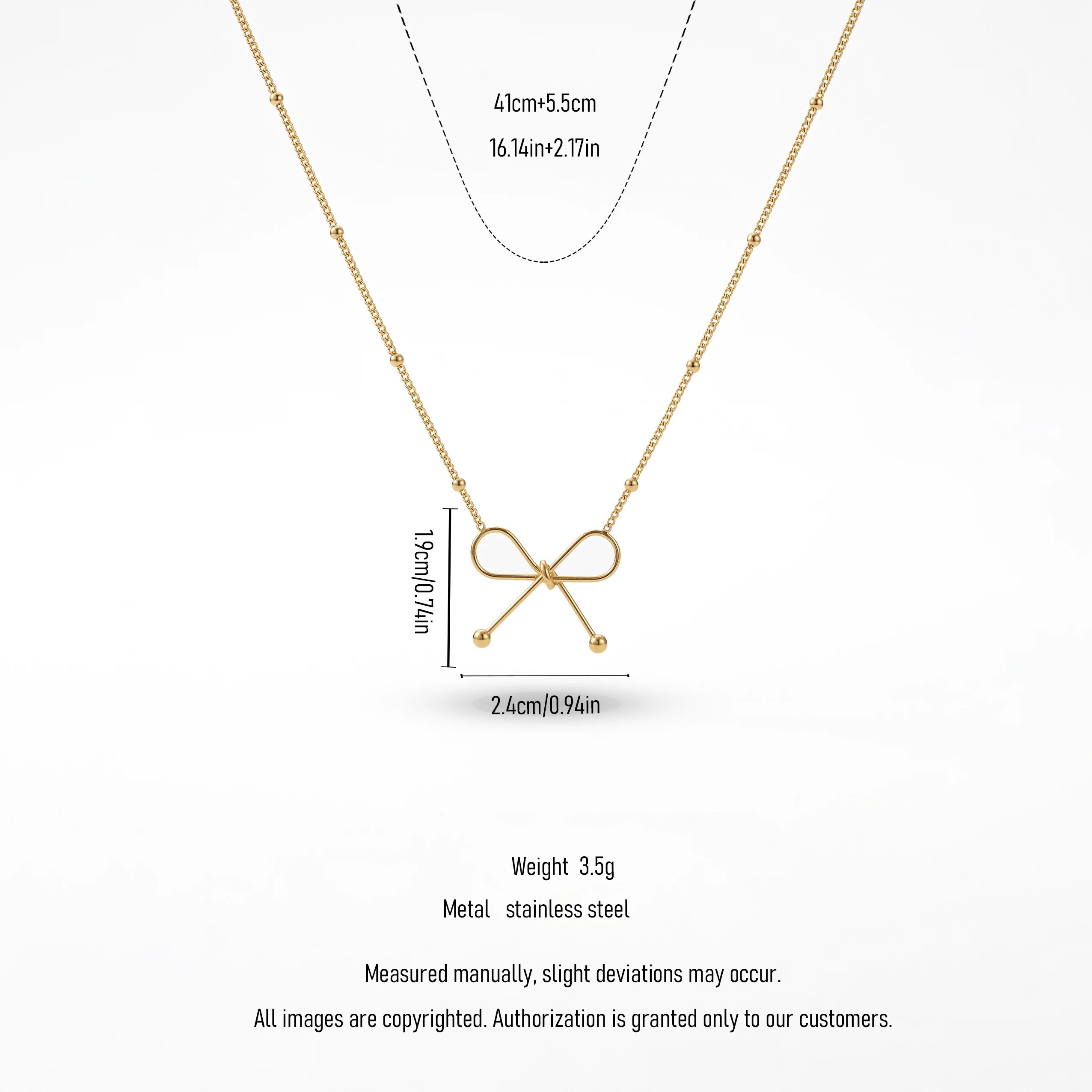 QIAOREN 13985 Beaded Oval Link Chain Pendant Necklace with Hollow Line Bow Charm, Polished Gold Minimalist Bow Collar