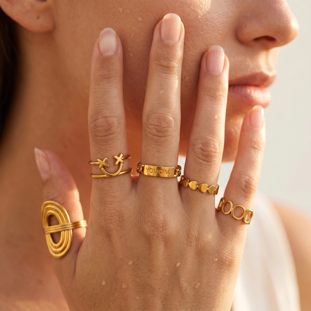 QIAOREN 10707 You & Me Engraved Gold Ring Set - 5Pcs Hypoallergenic Stainless Steel Open Rings