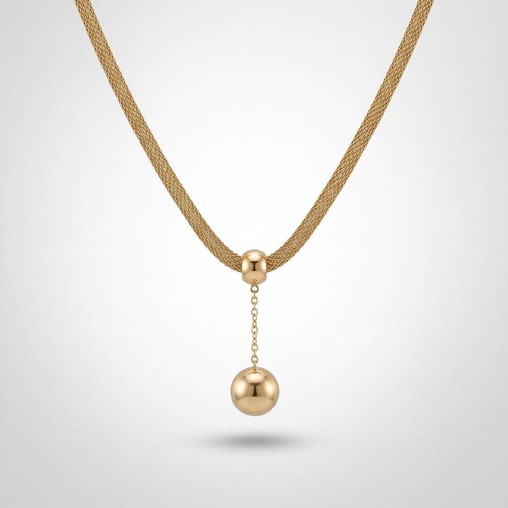 QIAOREN 13463 Dainty Mesh Chain Y Drop Necklace with Two Smooth Round Ball Pendants, Minimalist Gold Neck Jewelry Gift