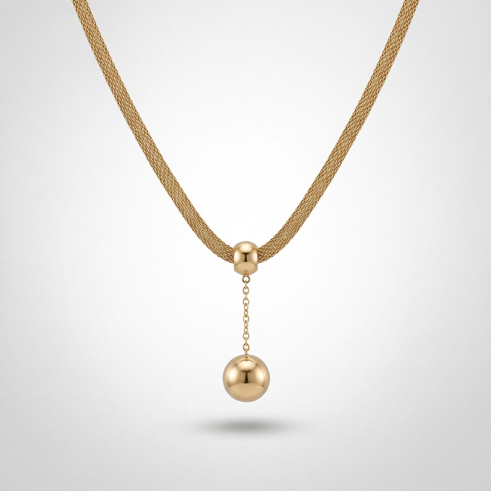QIAOREN 13463 Dainty Mesh Chain Y Drop Necklace with Two Smooth Round Ball Pendants, Minimalist Gold Neck Jewelry Gift