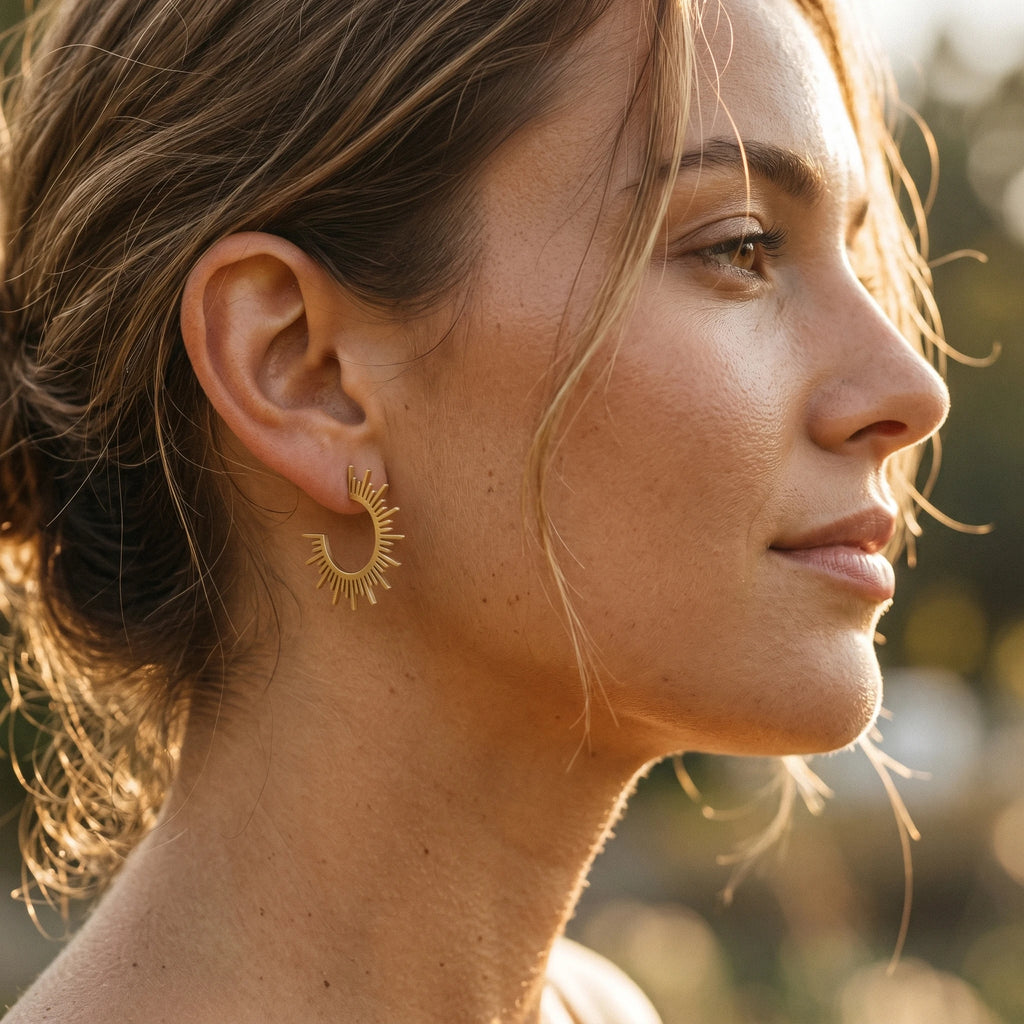 QIAOREN 10837 Adjustable Stainless Steel Sunburst Earrings Gold Plated Minimalist Boho Design