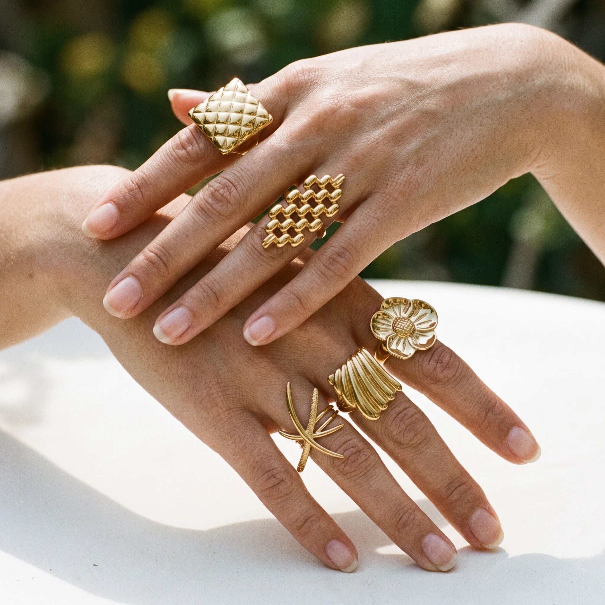QIAOREN 14269-78 Vintage Textured Geometric Floral Open Cuff Ring Set, Adjustable Stackable Gold Tone Statement Rings