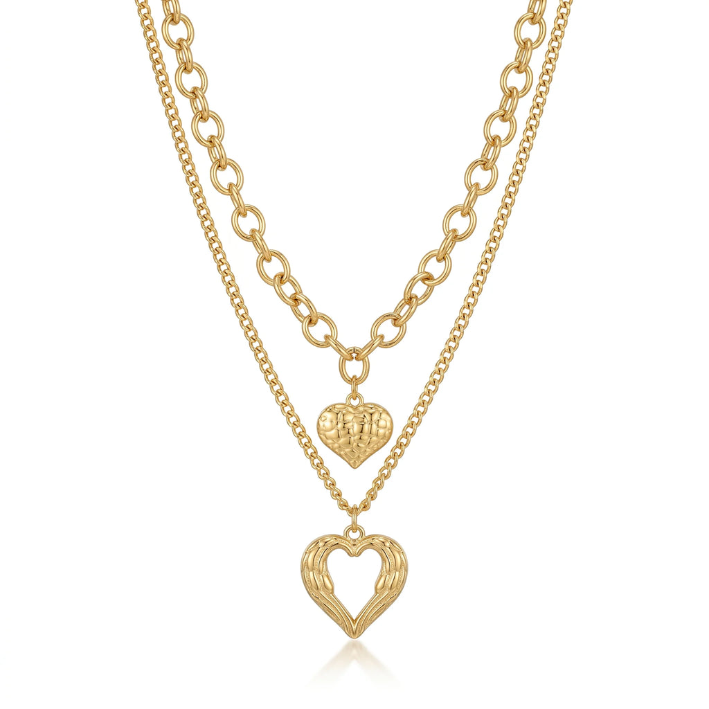 QIAOREN 11505 Stainless Steel Double Layer Heart Necklace Wing Hollow Heart Pendant Adjustable Gold Stack Jewelry for Women