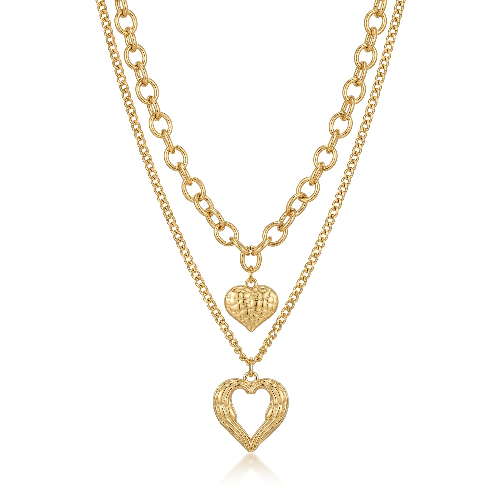 QIAOREN 11505 Stainless Steel Double Layer Heart Necklace Wing Hollow Heart Pendant Adjustable Gold Stack Jewelry for Women