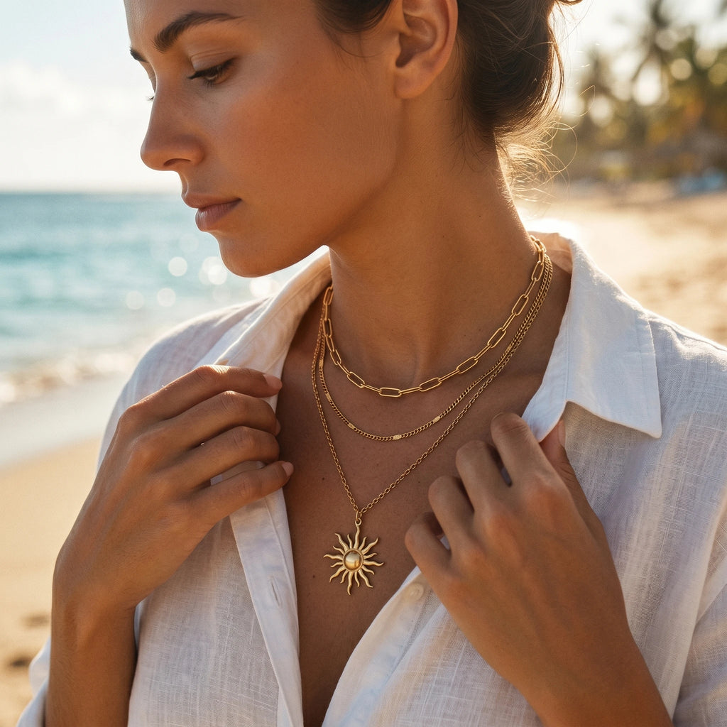 QIAOREN 10666 Ladies' Stainless Steel Necklace Pendant Gold-Plated Trendy Sun Pattern Multi-layer Geometric Link Design Inspired