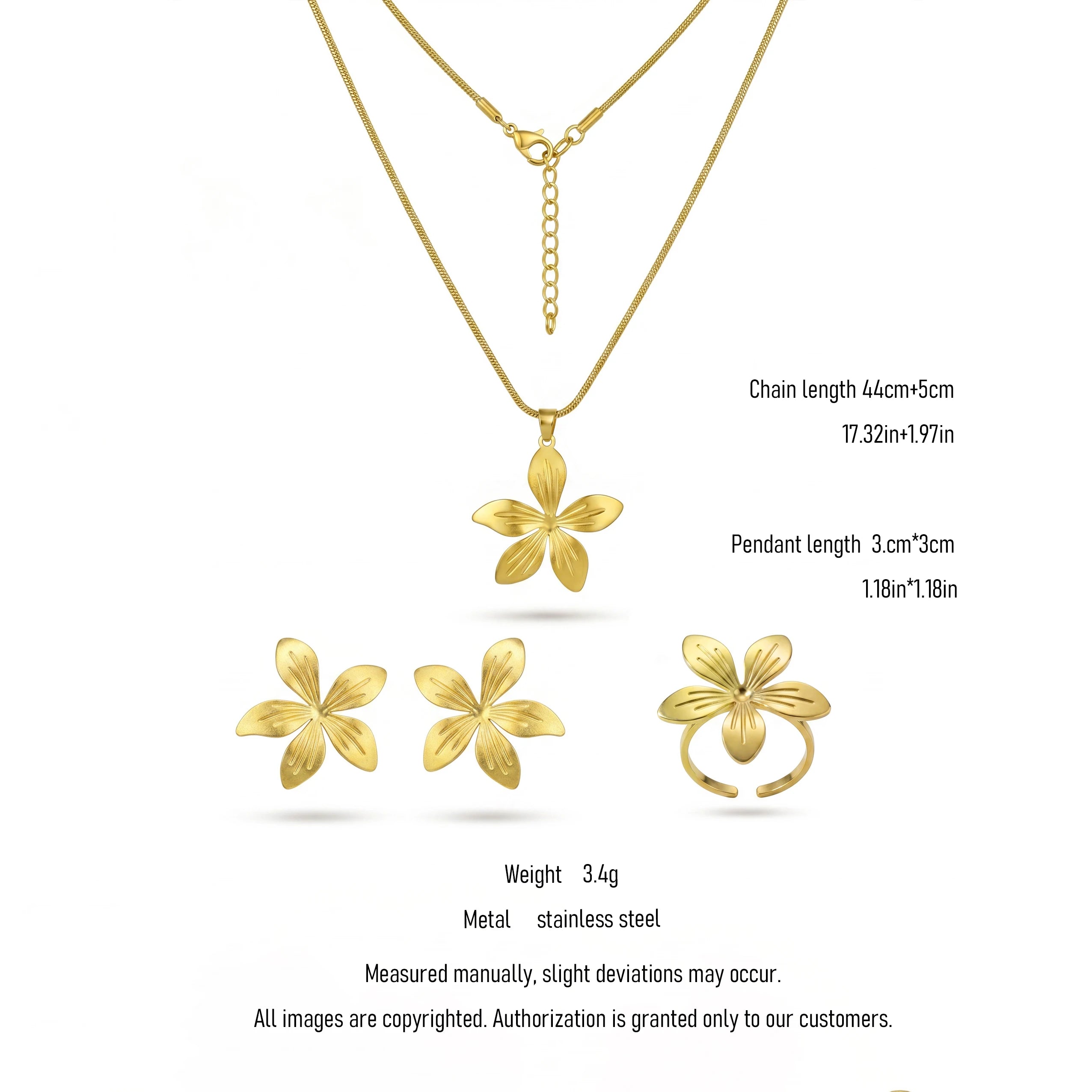 QIAOREN 11067 Luxury 18K Gold Plumed Flower Jewelry Set Stainless Steel Necklace Earrings Ring for Women Party