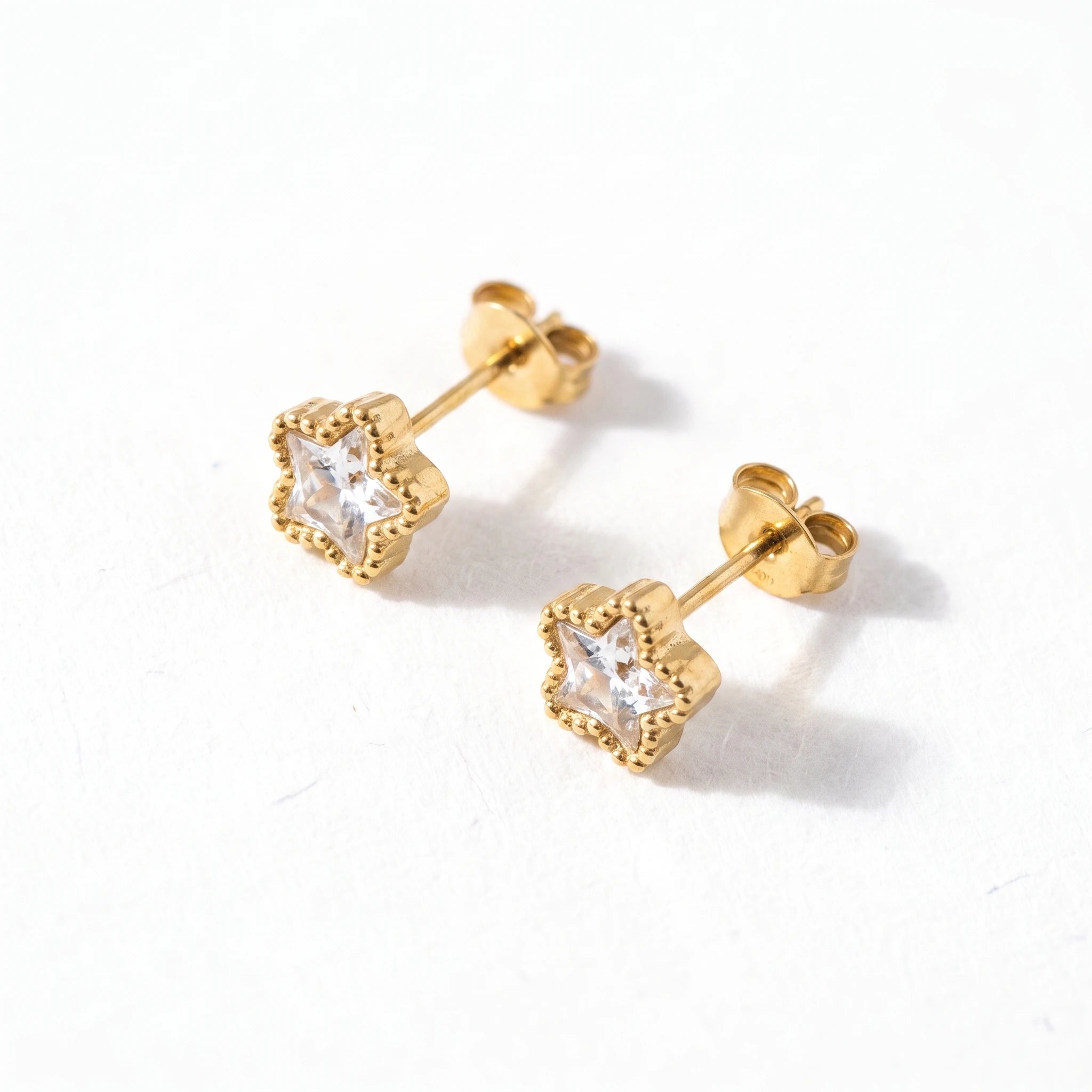 QIAOREN 13443 Gold Tone Beaded Frame Star Crystal Stud Earrings Minimal Sparkly Clear Zircon Tiny Star Jewelry Gift