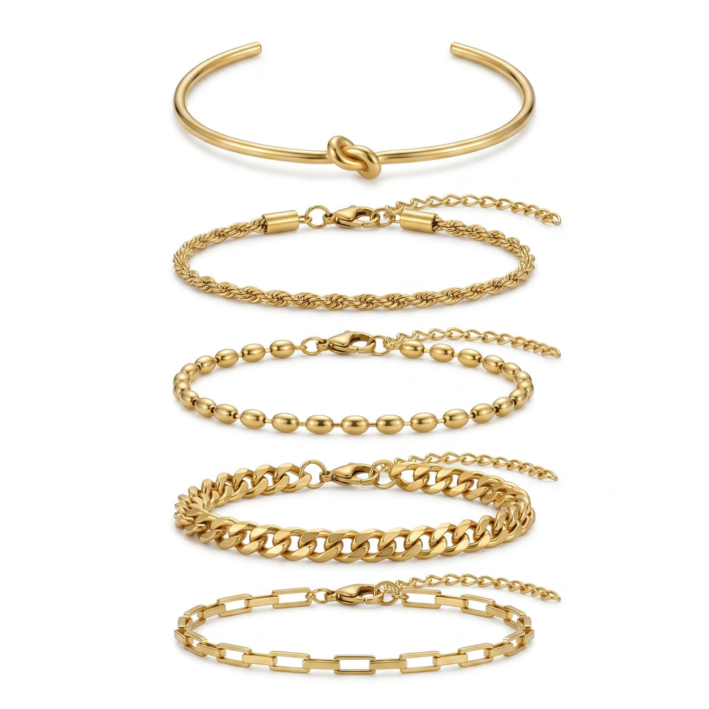 QIAOREN 11587 Waterproof 18K Gold Stainless Steel Bracelet Set 5PCS Stackable Daily Wear Bracelets for Women