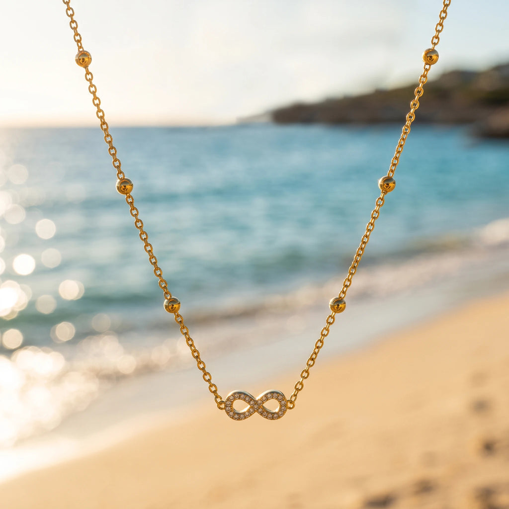 QIAOREN 13987 Beaded Cable Chain Infinity Symbol Pendant Necklace with Paved Clear CZ Inlay, Polished Gold Eternal Love Collar