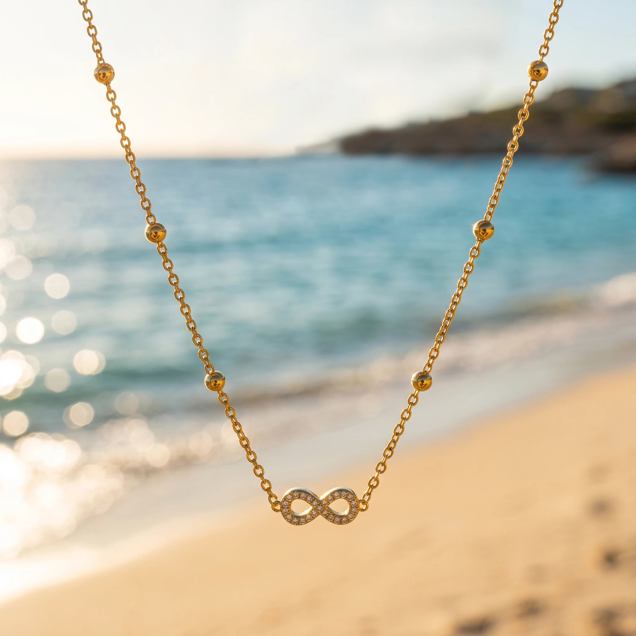 QIAOREN 13987 Beaded Cable Chain Infinity Symbol Pendant Necklace with Paved Clear CZ Inlay, Polished Gold Eternal Love Collar