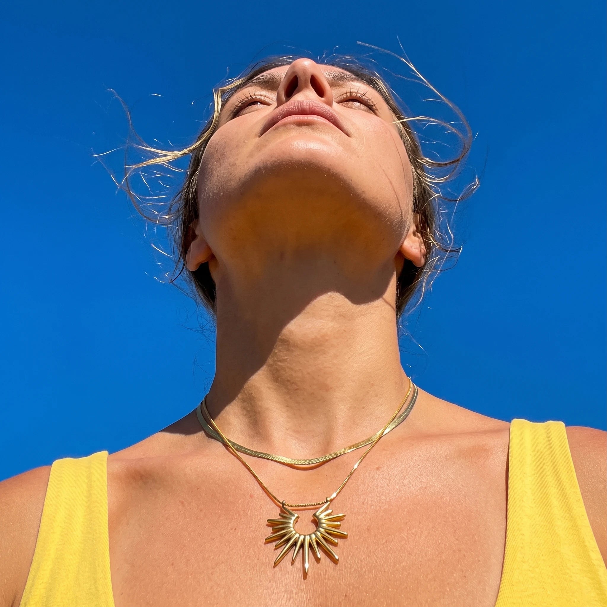 QIAOREN 13528 Two Layer Hollow Sunburst Pendant Stack Necklace with Flat Snake & Thin Cable Mixed Chain, Textured Radiant Sun