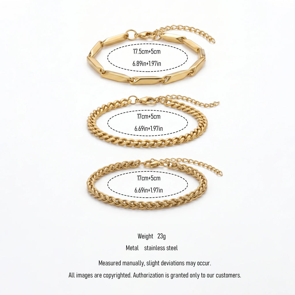 QIAOREN 11507 18K Gold Plated 3pcs Bracelet Set Elongated Paperclip Cuban Rope Chain Stainless Steel
