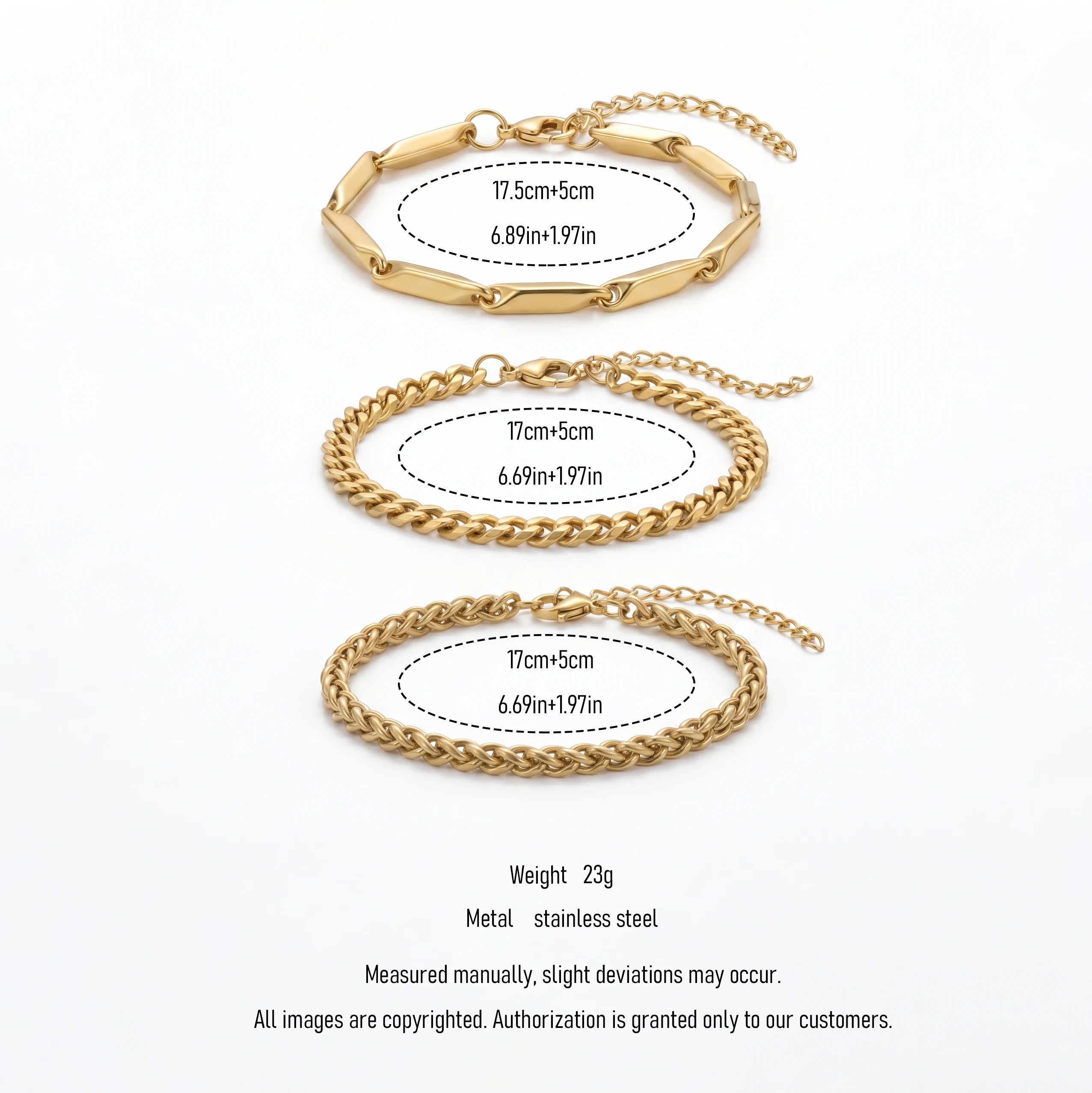 QIAOREN 11507 18K Gold Plated 3pcs Bracelet Set Elongated Paperclip Cuban Rope Chain Stainless Steel