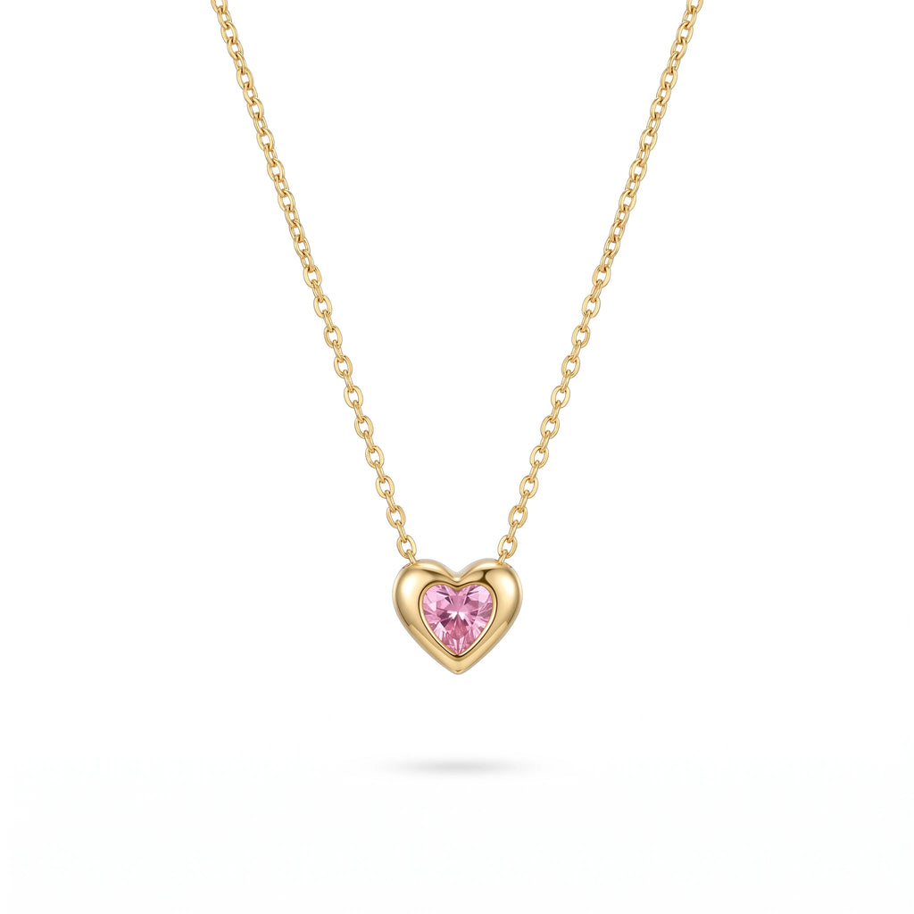 QIAOREN13960-61 Stainless Steel Pink Heart Necklace Gold Dainty Crystal Pendant Charm Jewelry for Women