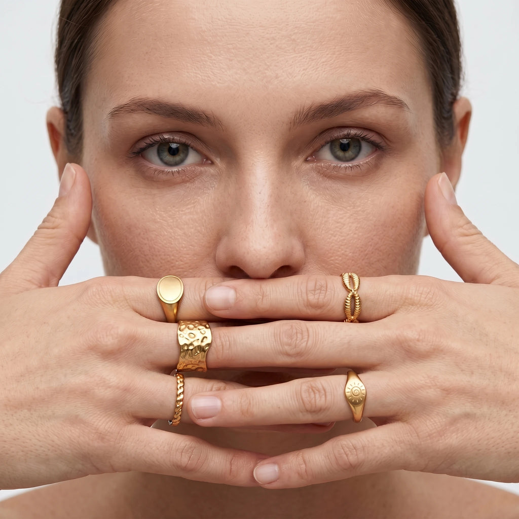 QIAOREN Stainless Steel 5Pcs Stackable Ring Set PVD Gold Plated Adjustable Open Jewelry for Women