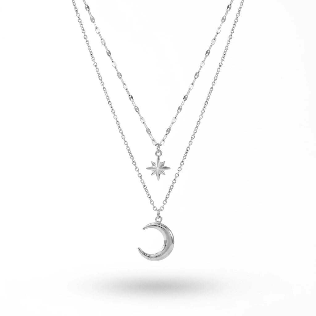 QIAOREN 11408 Tarnish Resistant Waterproof 18K Gold Plated Stainless Steel 2 Tier Star Moon Pendant Necklace