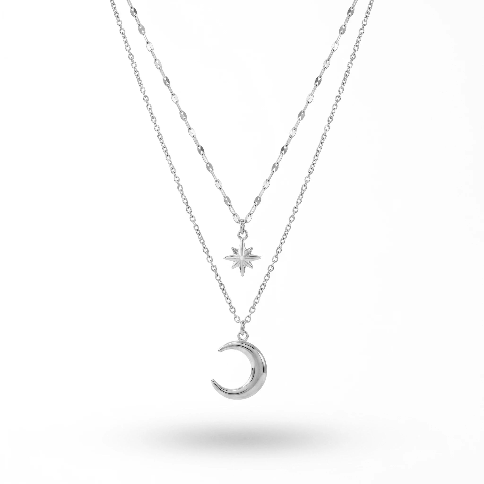 QIAOREN 11408 Tarnish Resistant Waterproof 18K Gold Plated Stainless Steel 2 Tier Star Moon Pendant Necklace