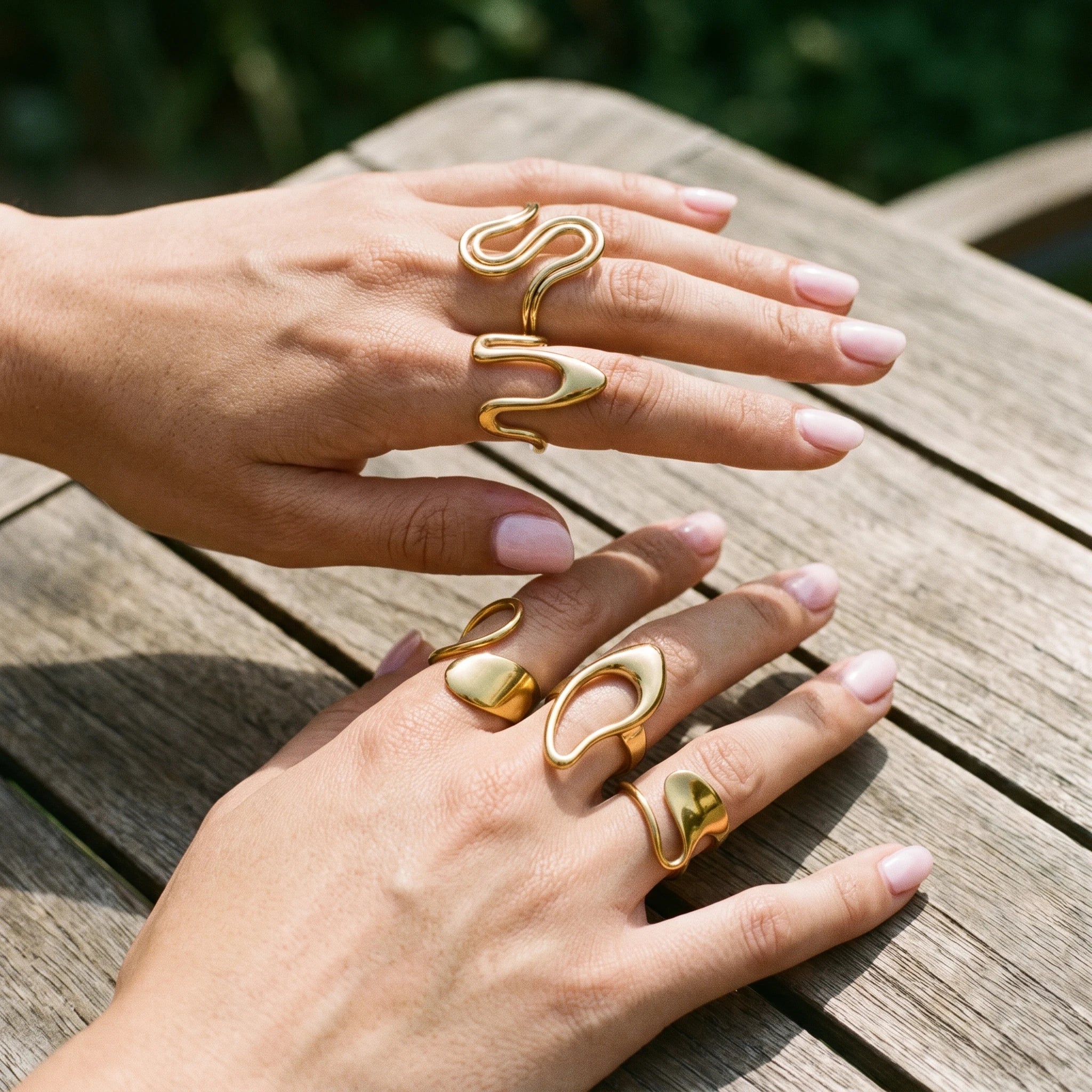 QIAOREN 14284-93 Abstract Irregular Wavy Open Cuff Ring Set, Adjustable Stackable Statement Rings, Stainless Steel Jewelry Gift